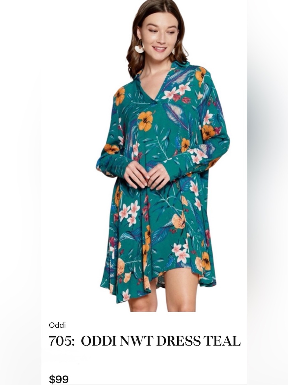 ODDI Teal Floral V-Neck Swing Dress NWT_Sz Small